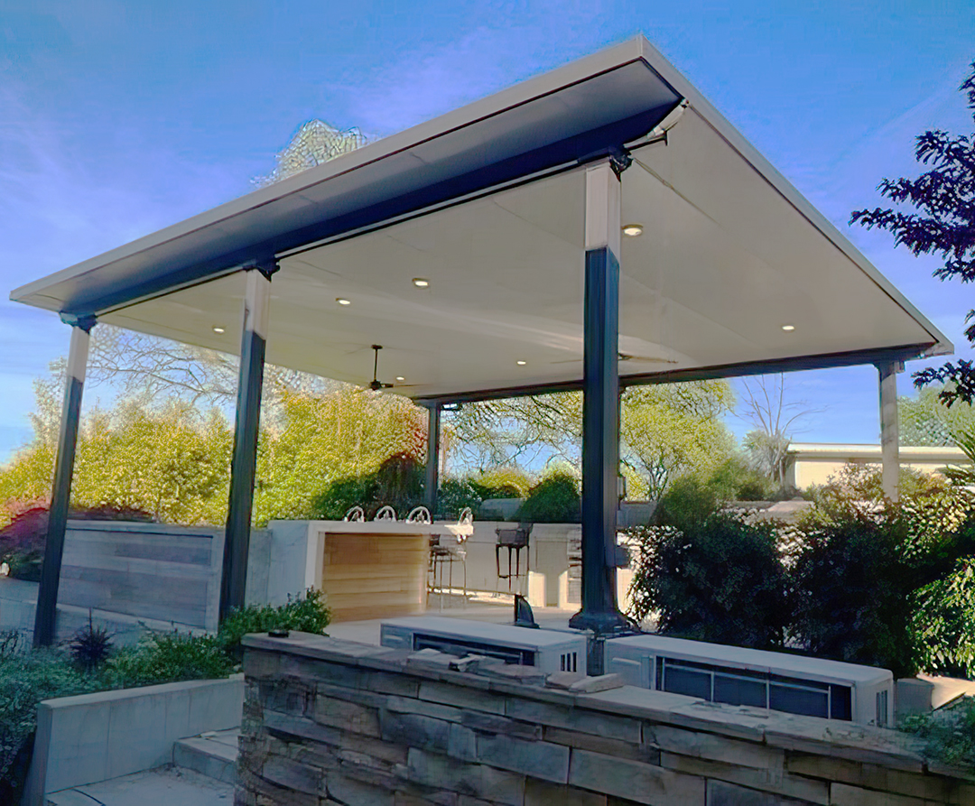 Pavilion, Studio Roof, Free Standing, Roma Columns, Bronze, Outside View, Daytime