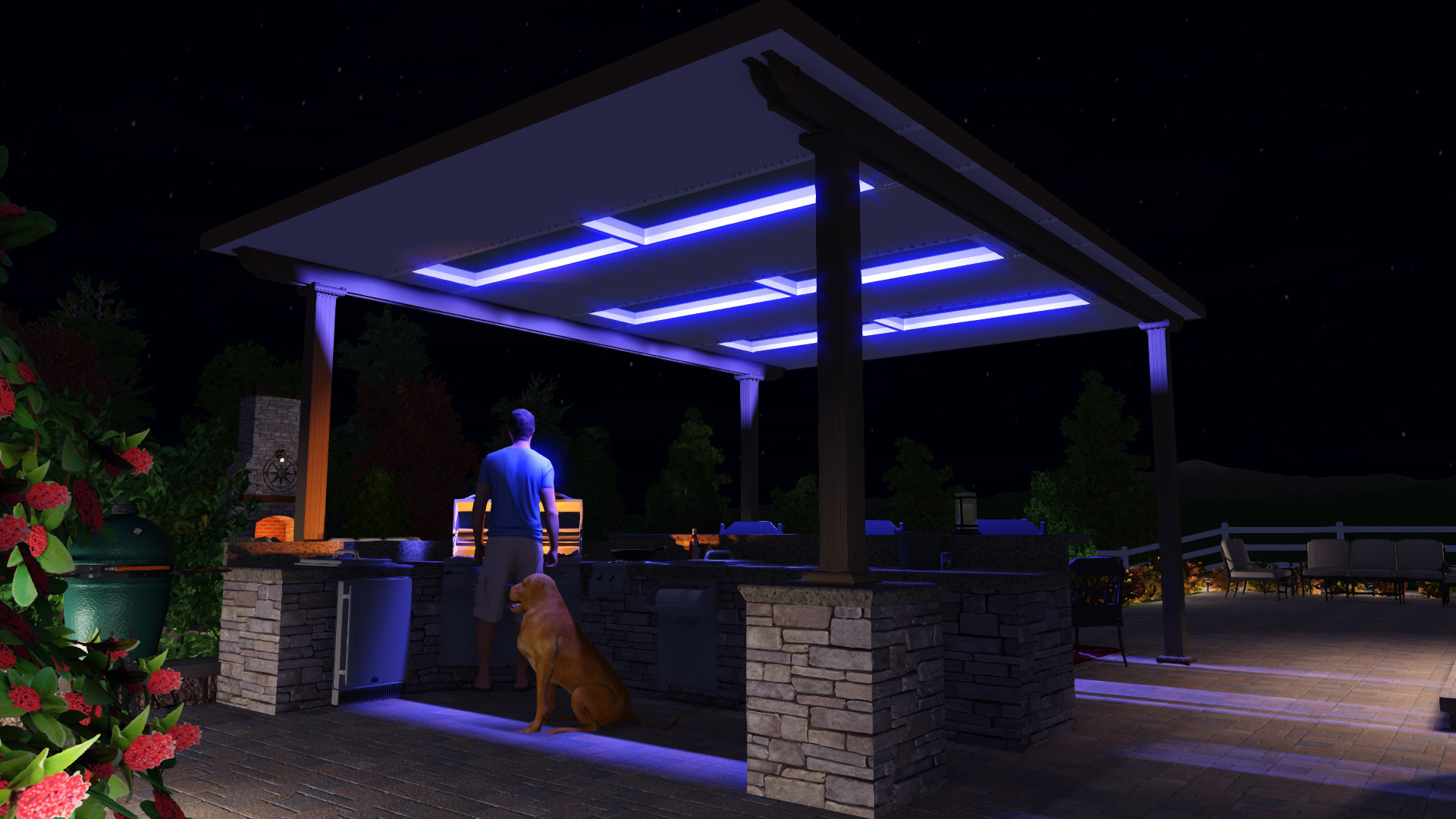 Pavilion, Studio Roof, Skyview, Free Standing, Florentine Columns, Bronze, Nighttime