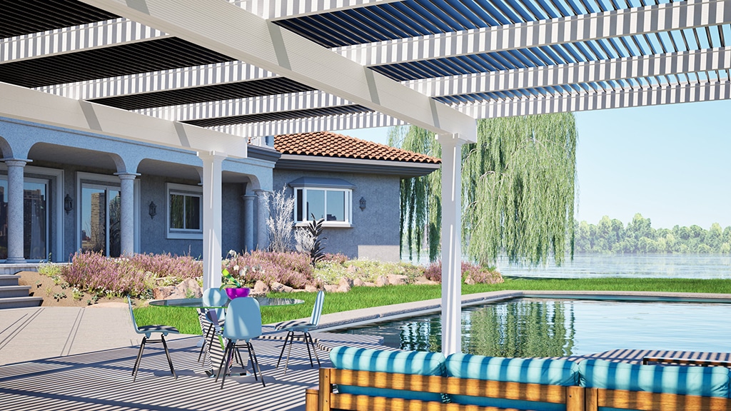 Pergola, Florentine Columns, White, Black, Interior View, Daytime