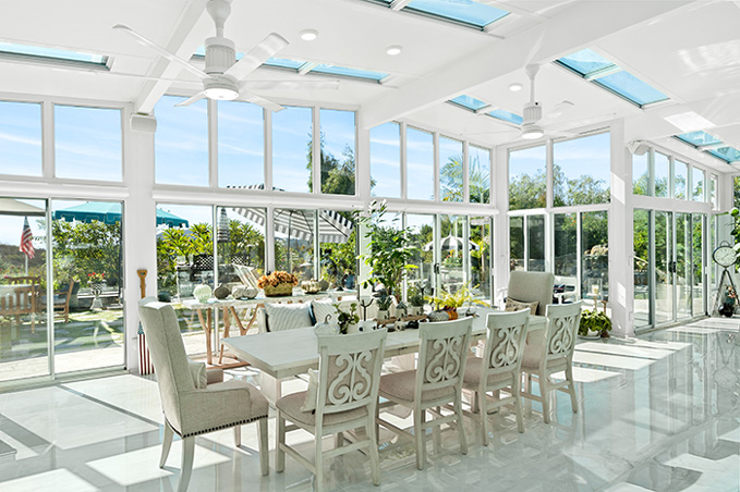 Sunroom, Cathedral Roof, Skyview, Premier View Walls, Upper Transoms, Lower Transoms, White, Signature Wall System, Center Vent Doors